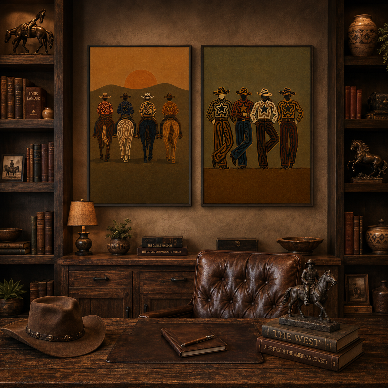 Vintage Sunset Cowboy Group Portrait Wall Art Set Of 2, Western Lifestyle Canvas Painting Vintage Cowboy Gang Decor