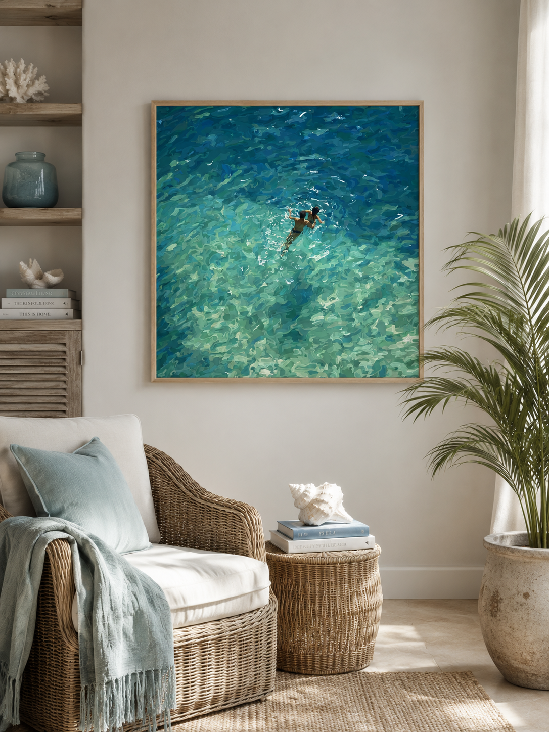 Couple Swimming In Clear Sea Oil Painting Modern Beach Wall Art For Living Room Decor