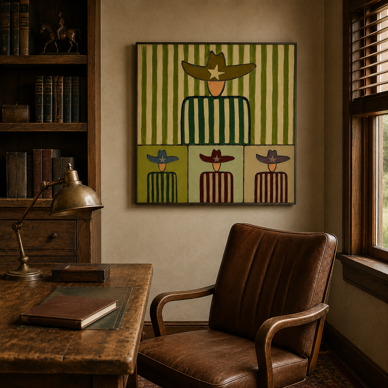 Abstract Cowboy Painting With Green Stripes For Modern Living Room Decor