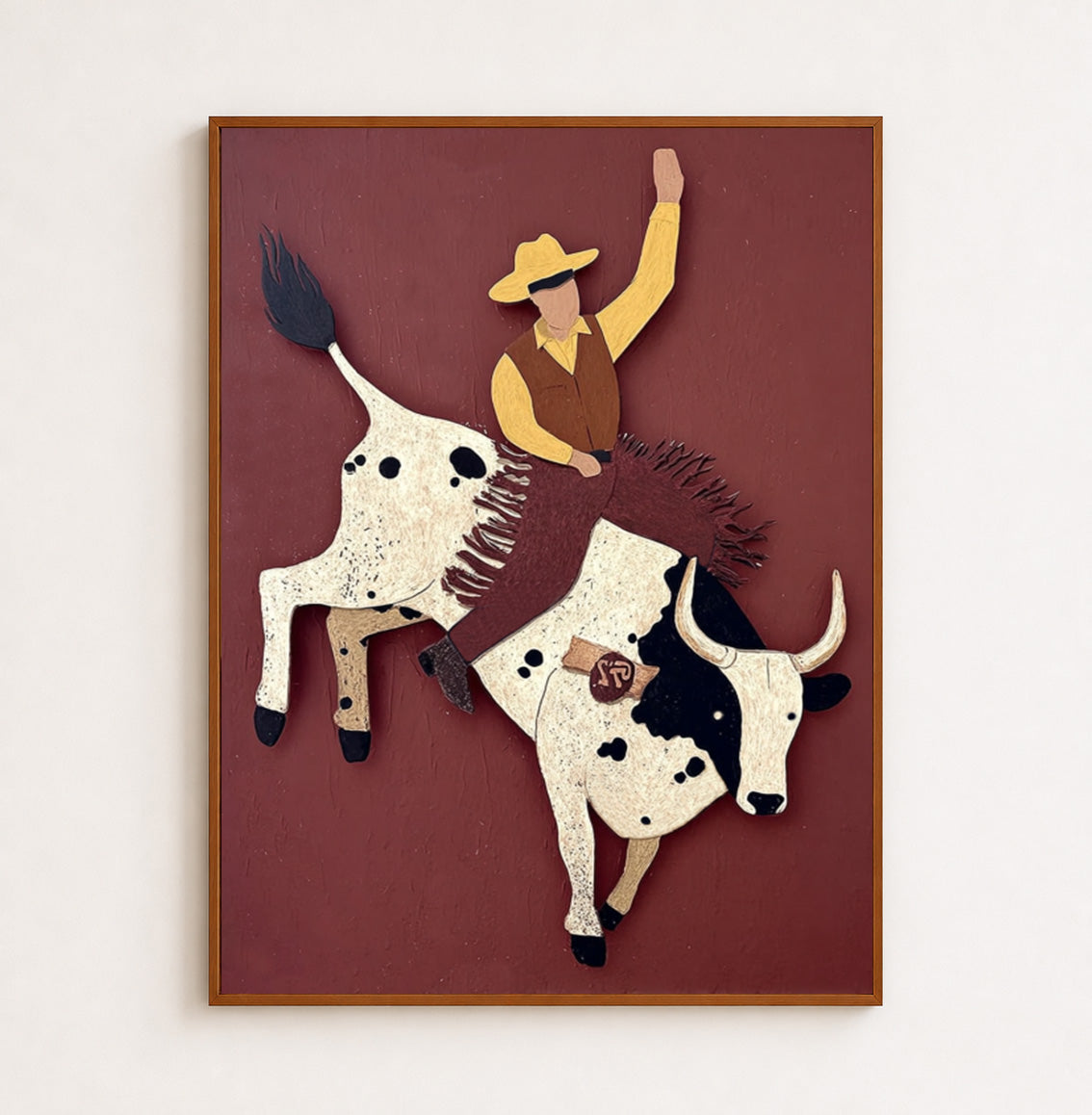 Bold Rodeo Bull Rider Abstract Art For Man Cave Office Wall Decor In Earth Tones