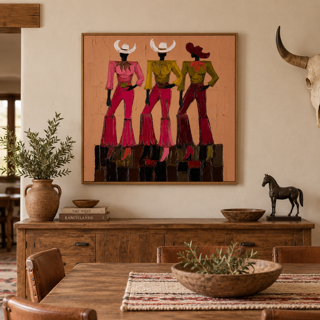 Vintage Cowgirl Wall Art,Pink And Green Cowgirl Canvas Painting, Trendy Country Aesthetic Home Decor