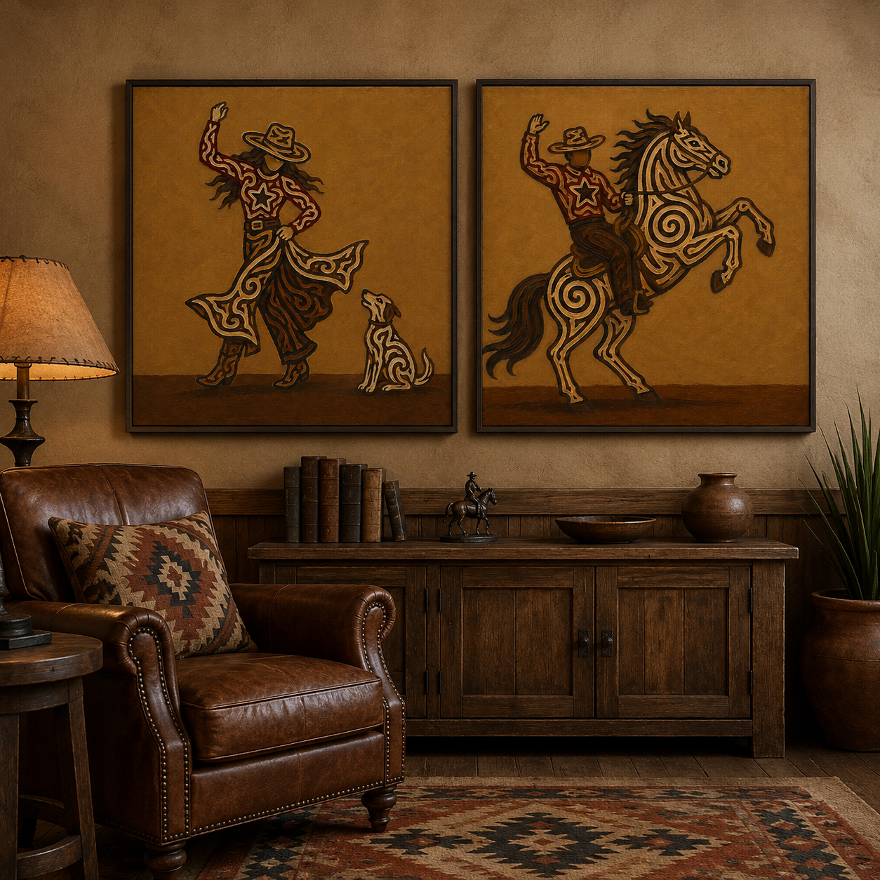 Cowboy Riding Horse Painting Rustic Western Cowgirl And Horse Set Of 2 Wall Art For Living Room