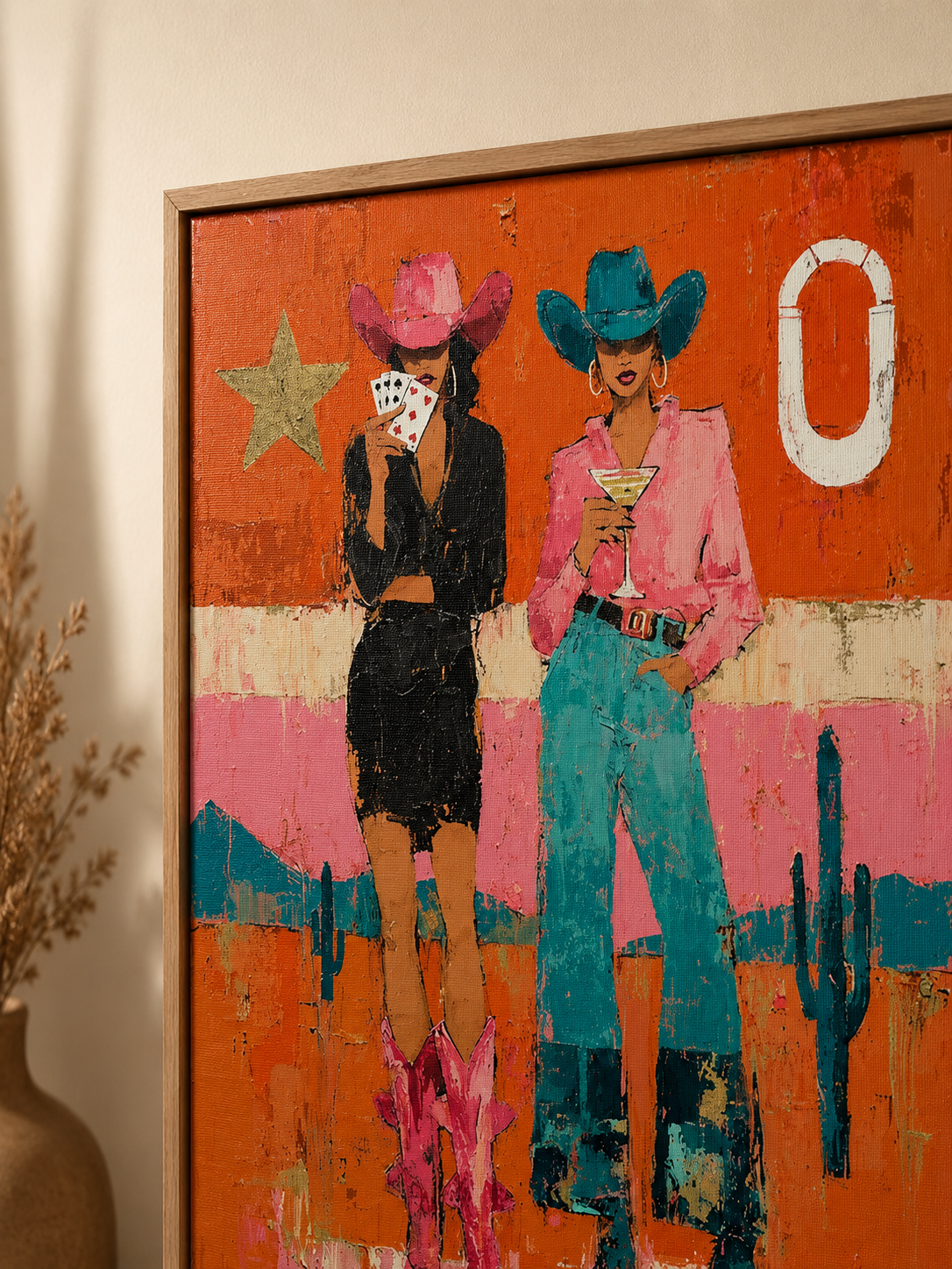 Vibrant Pop Art Painting Of Two Women In Cowboy Hats Unique Wall Decor
