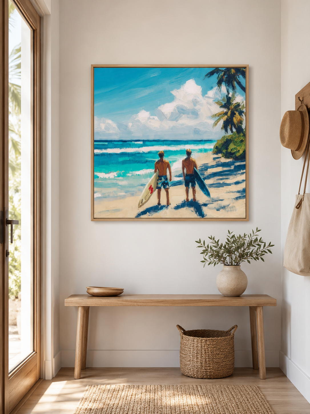 Vintage Tropical Surf Painting For Living Room With Textured Ocean Waves And Palm Trees