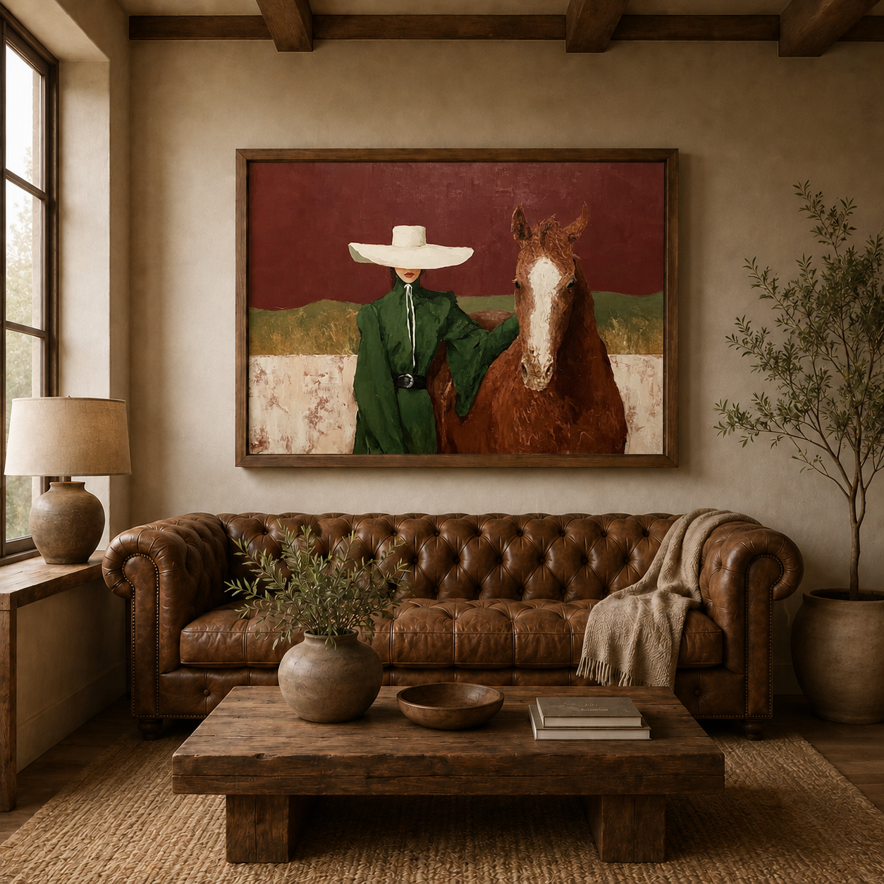 Elegant Woman With Horse Painting In Burgundy And Green For Modern Home Wall Art Decor