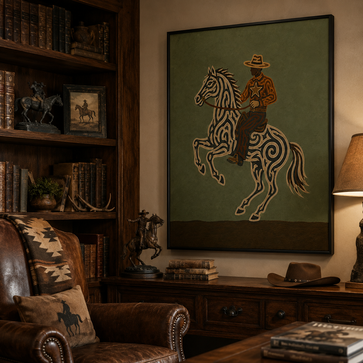 Unique Cowboy And Horse Artwork Gift For Equestrian Fans With Retro Vintage Style