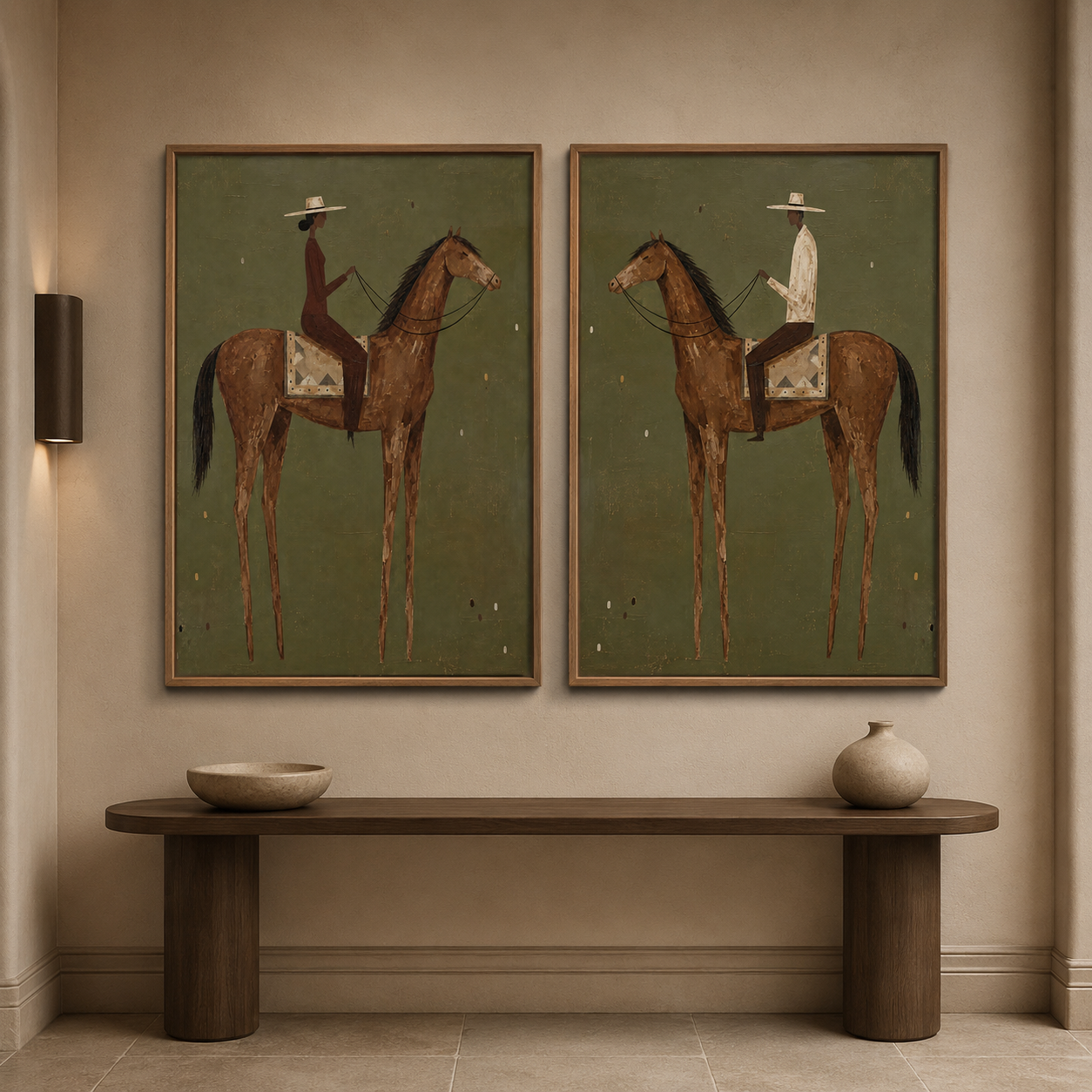 Vintage Equestrian Diptych With Green Background And Brown Horses Original Oil Painting Set Of Two