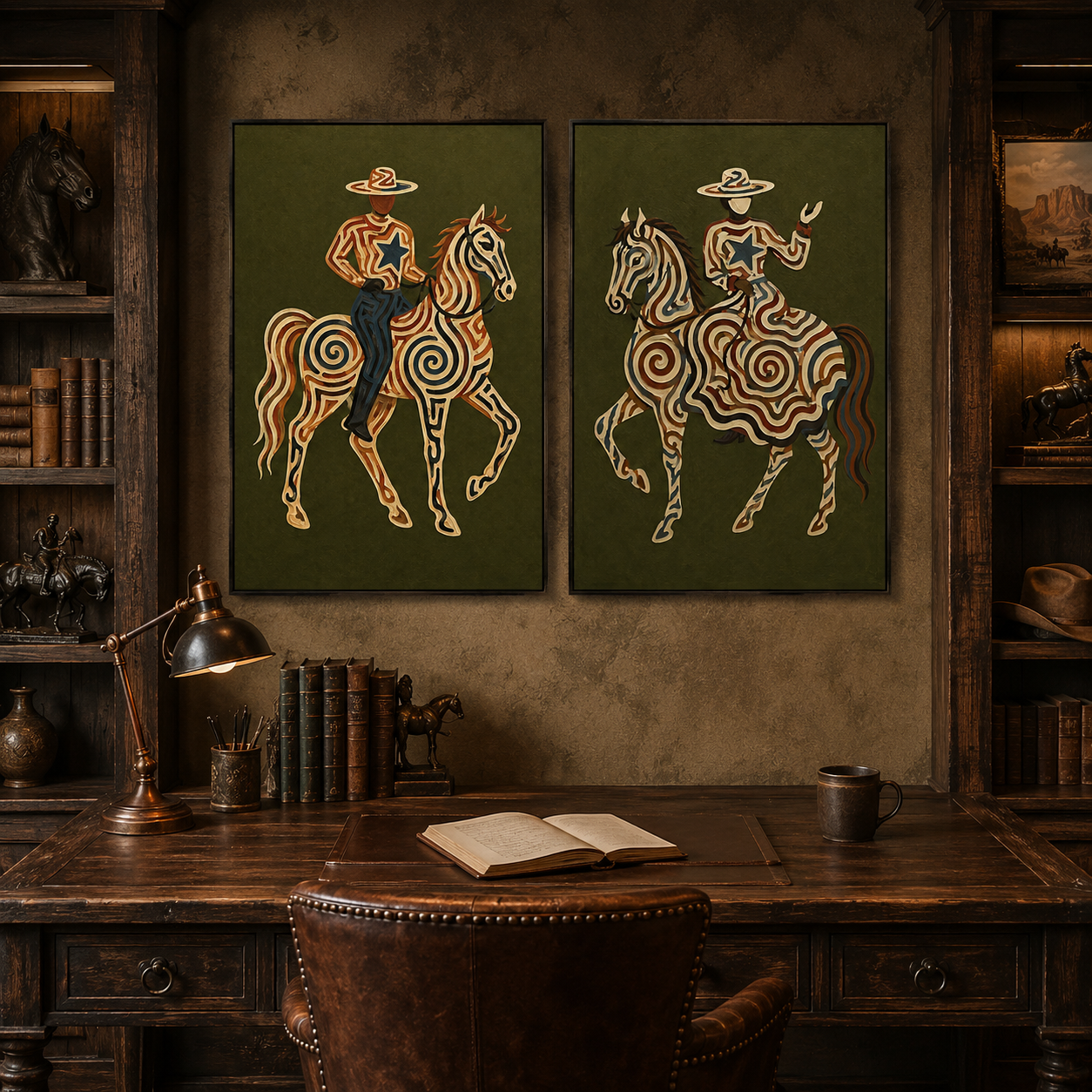 Vintage Patterned Tribal Horse And Cowboy Wall Art Set Of 2 For Living Room Wall Decor