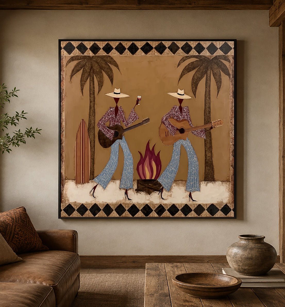 Cowgirl Guitar And Wine Painting, Retro Western Bar Wall Art, Southwest Music Decor
