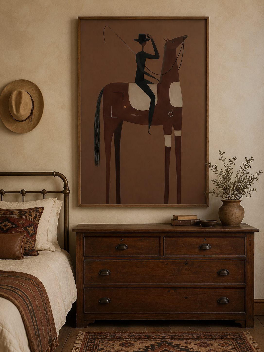 Minimalist Brown Horse Painting With Rider For Living Room Decor