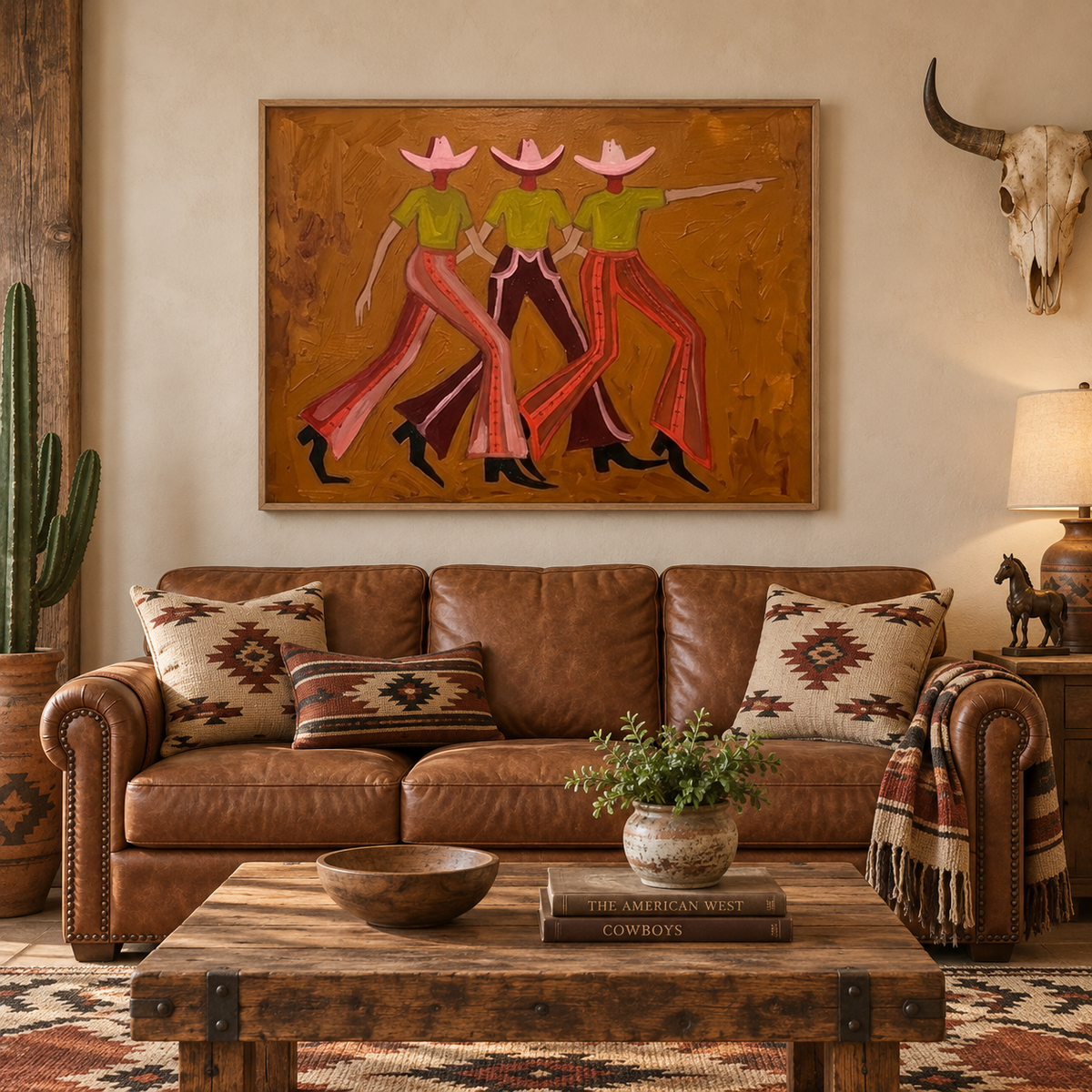 Vintage Cowgirl Painting With Pink Hats And Green Shirts On Canvas