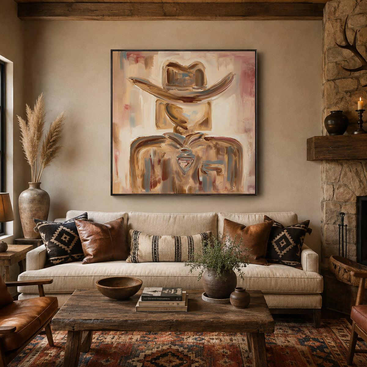 Abstract Cowboy Portrait Canvas Painting In Earthy Brown Tones