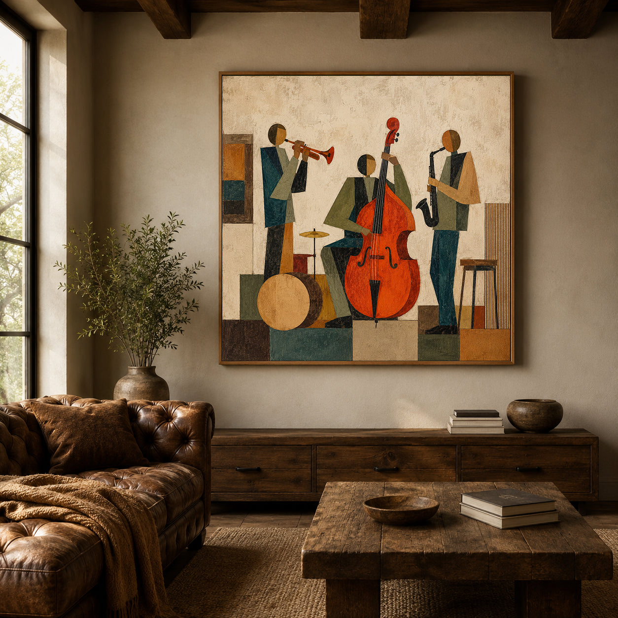 Abstract Jazz Band Painting With Double Bass For Modern Living Room Decor