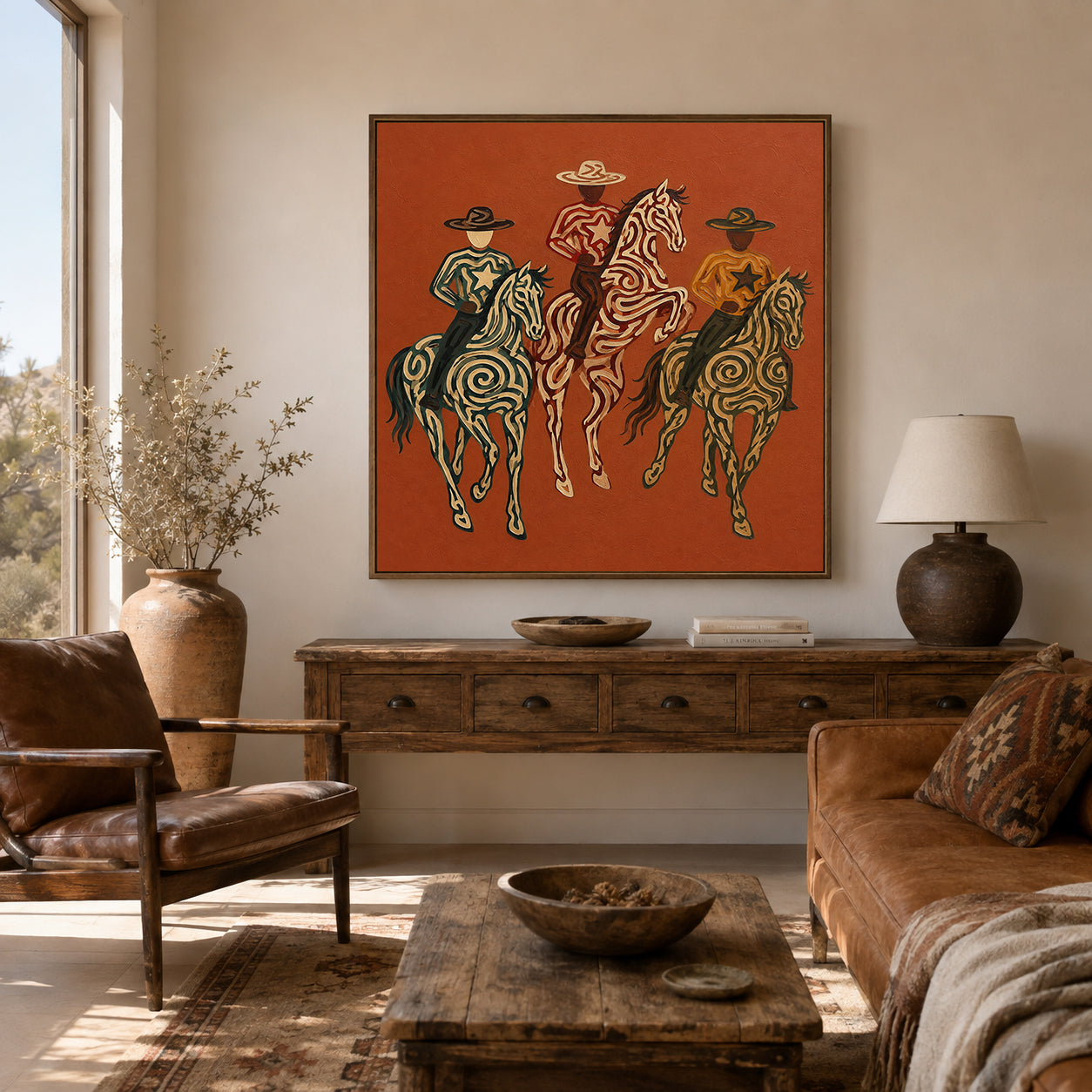 Red Western Cowboys Painting, Desert Horse Riders, Southwestern Ranch Landscape Wall Art
