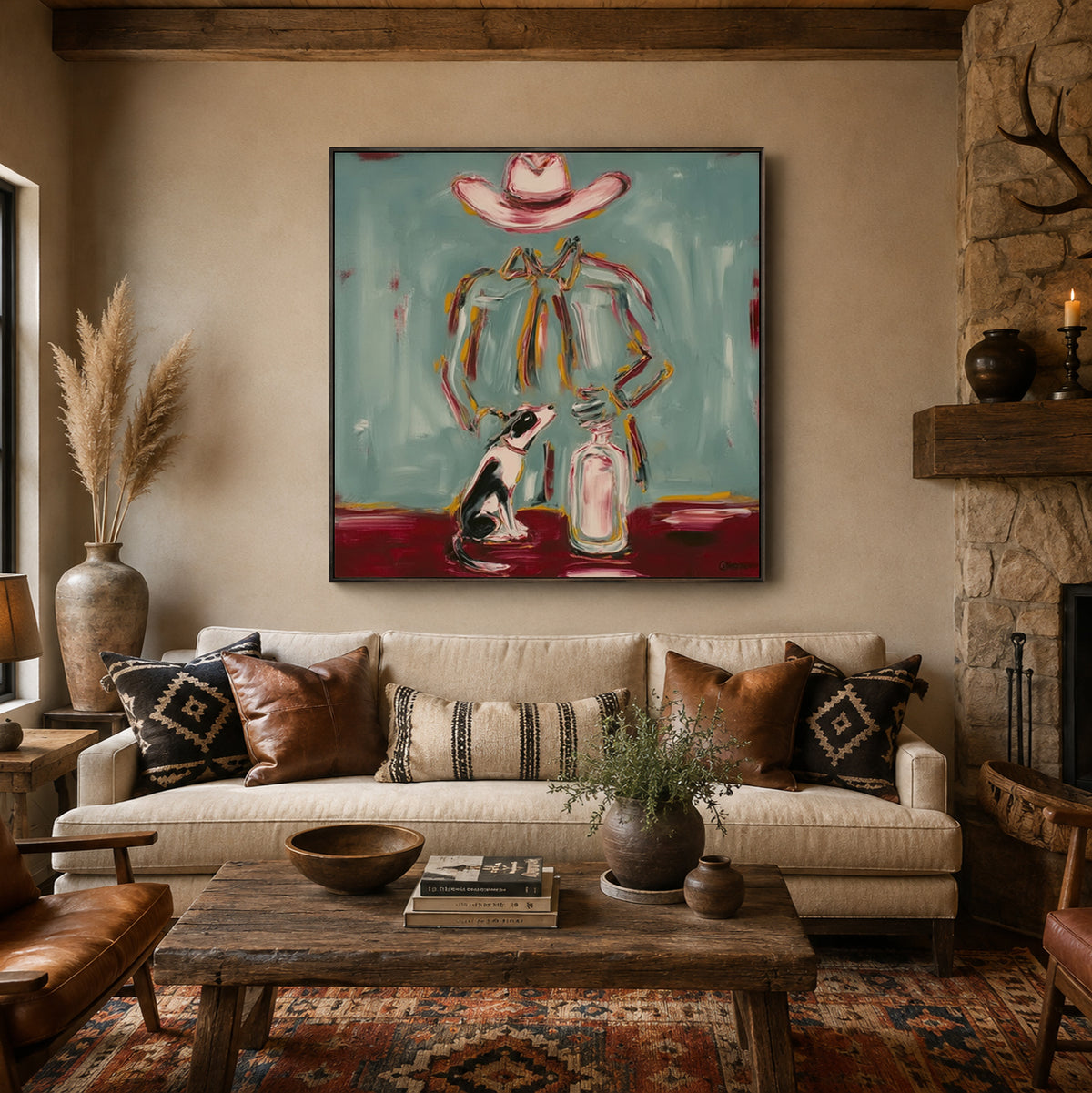 Whimsical Cowboy And Dog Canvas Art, Pink Hat Western Wall Decor, Teal Countryside Painting