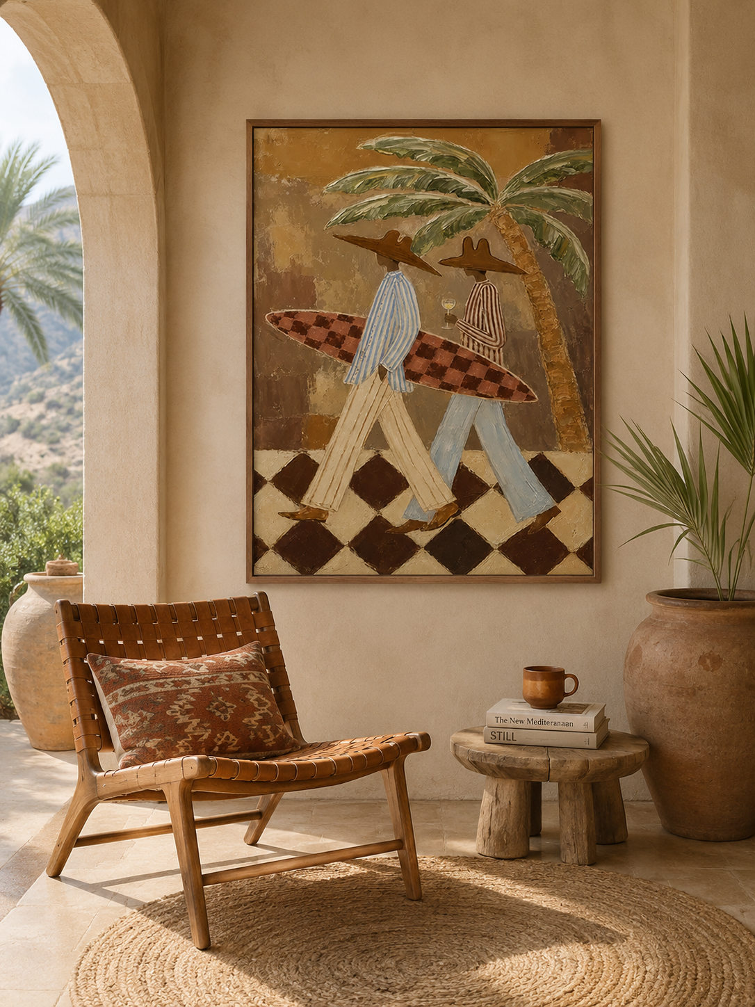Figurative Summer Vacation Art With Checkered Surfboard And Tropical Palms