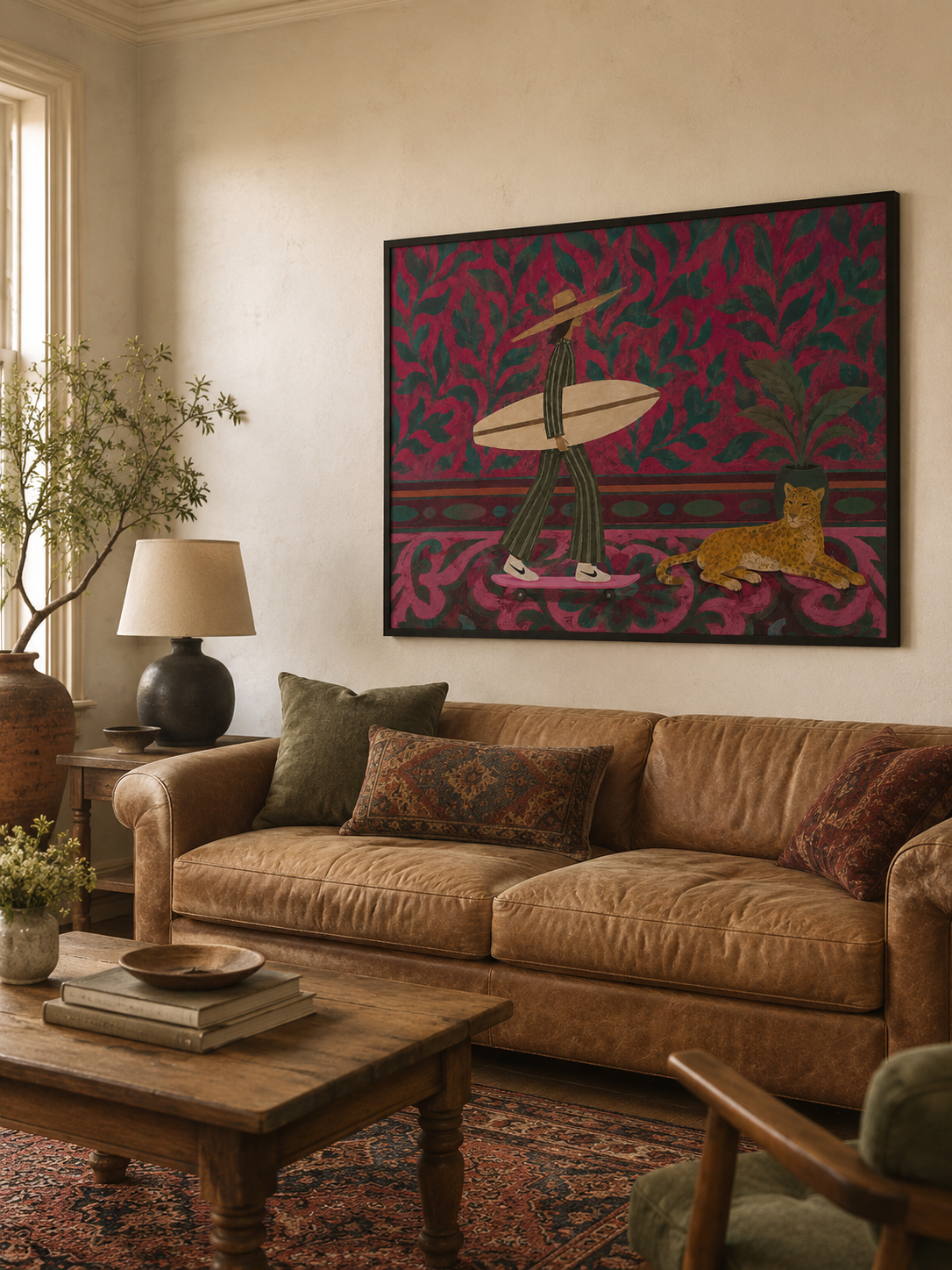 Tropical Folk Surf Woman With Cheetah Pink Floral Background Original Oil Painting For Living Room Decor