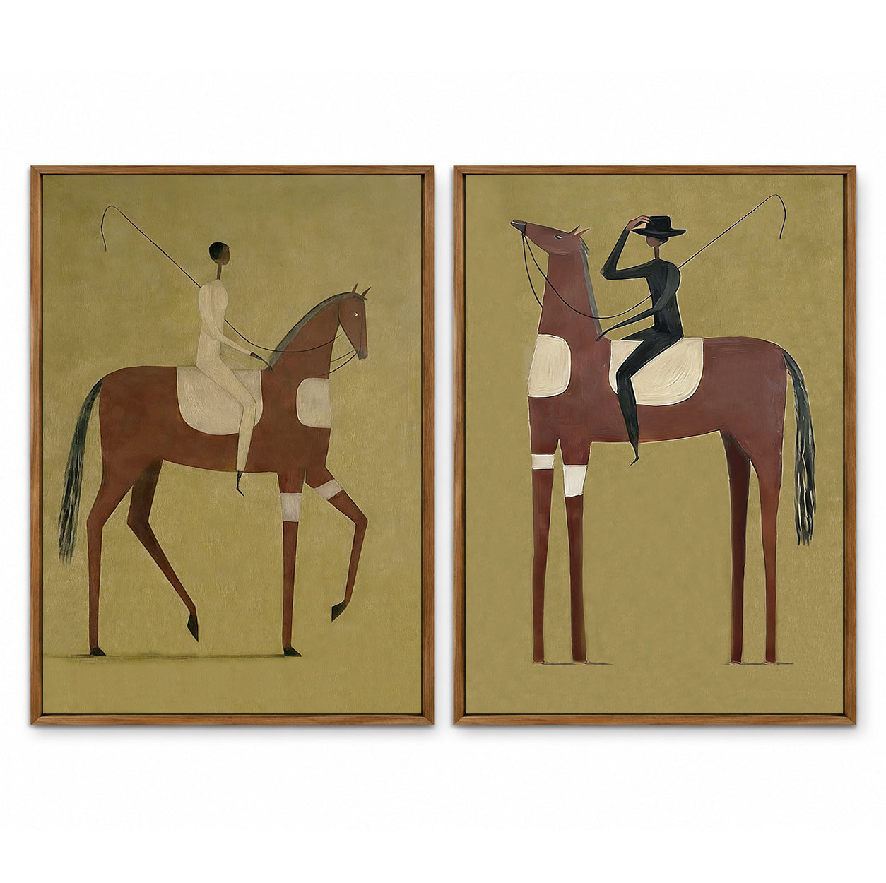 Vintage Equestrian Horse Art Set Of Two With Olive Green Background For Living Room Wall Decor