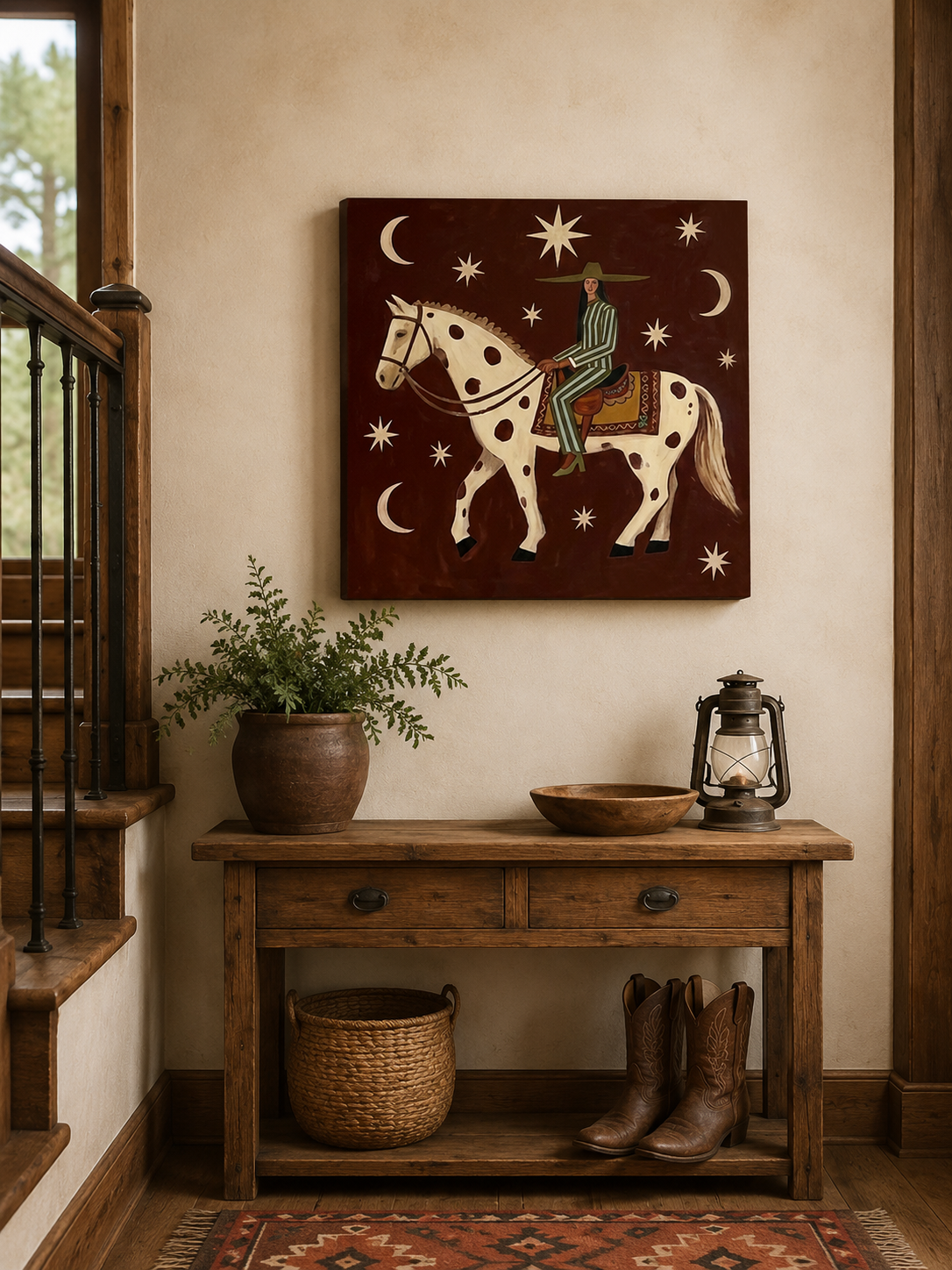 Whimsical Folk Art Painting Of Woman Riding Horse Under Stars For Living Room Decor