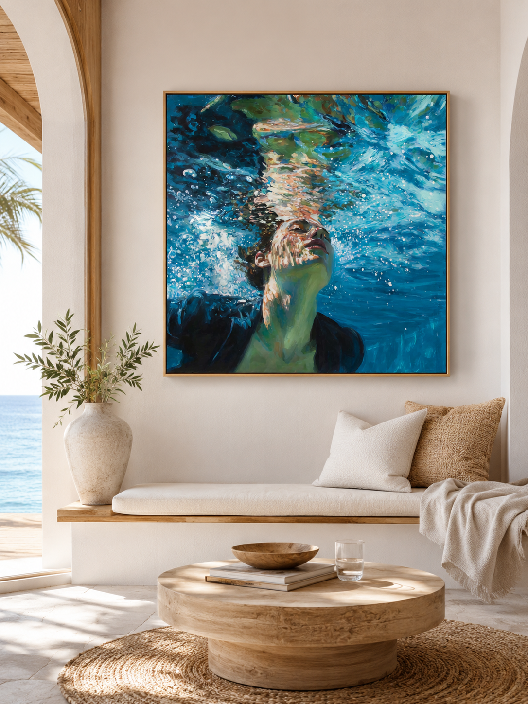 Modern Underwater Figure Painting With Bubbles And Blue Waves For Living Room Decor