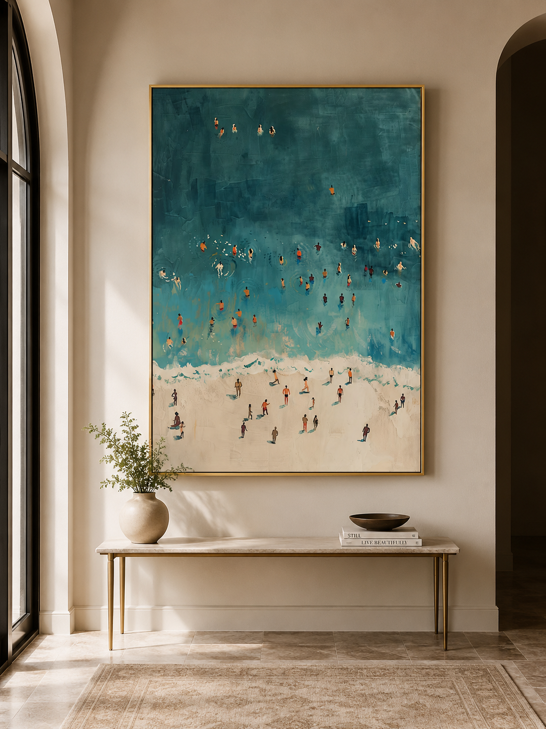 Retro Beach Painting With Minimalist Figures In Teal And Beige For Modern Living Room Wall Art