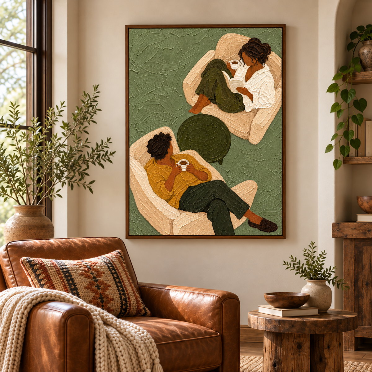 Sage Green Coffee Couple Painting, Original Textured Oil Art, Retro Figurative Canvas
