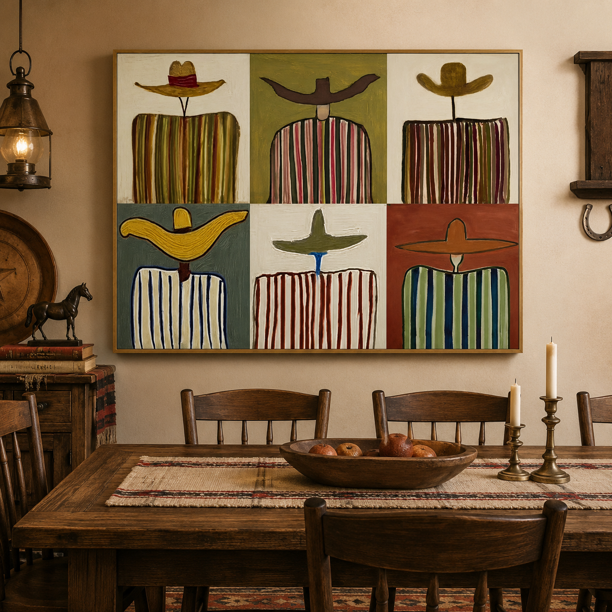 Retro Folk Art Painting With Striped Figures And Wide Brim Hats For Eclectic Home Decor