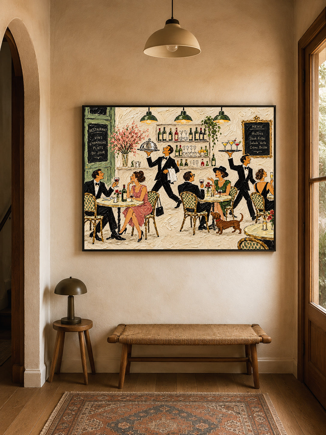 French Restaurant Wall Art, Paris Bistro Dining Scene Painting, Vintage Cafe Waiters Wine Bar Decor