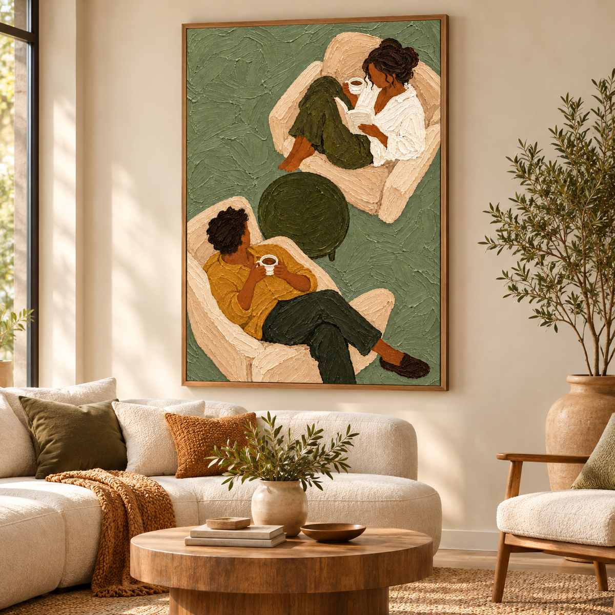 Sage Green Coffee Couple Painting, Original Textured Oil Art, Retro Figurative Canvas