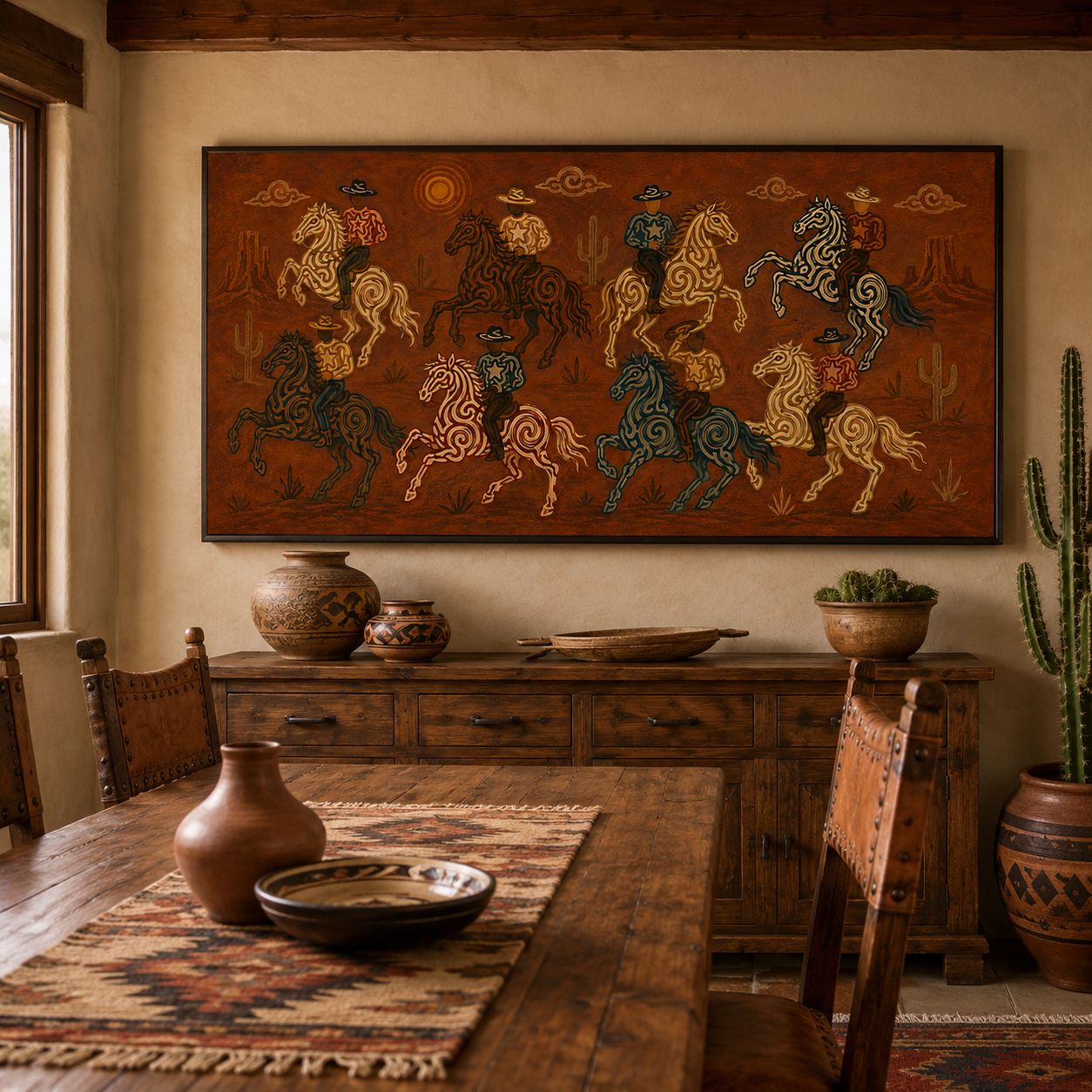 Wild West Cowboy Riders Painting, Panoramic Desert Horse Art, Rustic Southwestern Ranch Decor