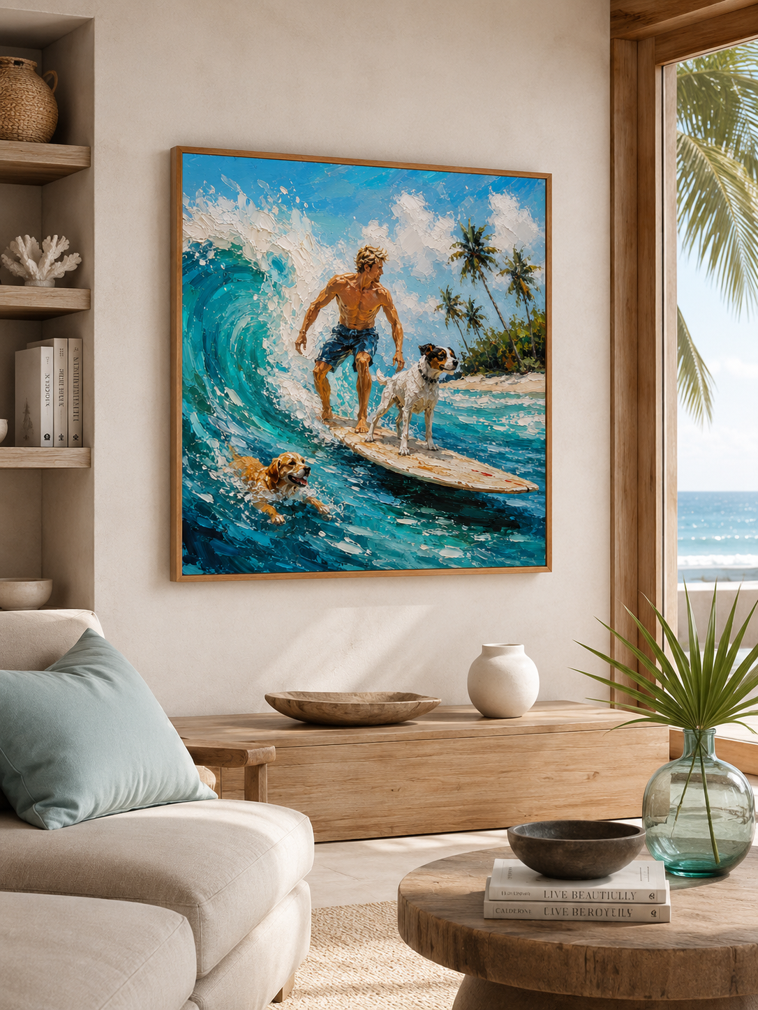Surfer And Dogs Painting For Boys Room Beach Themed Wall Art Decor