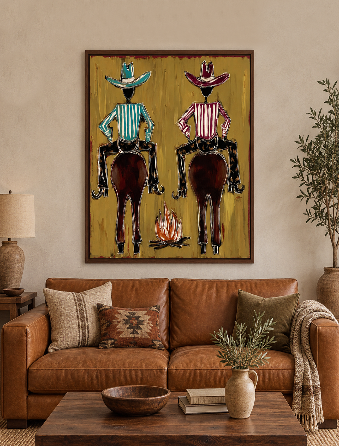 Hand-Painted Cowboy And Horse Canvas Painting With Campfire In Brown And Gold
