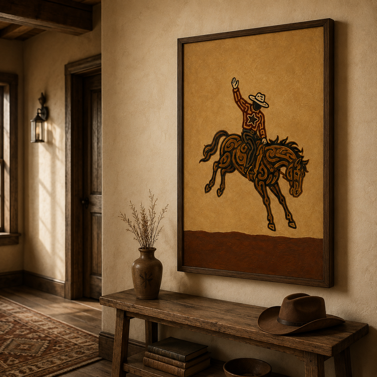 Rodeo Cowboy Painting, Bucking Horse Western Wall Art, Rustic Southwestern Ranch Decor