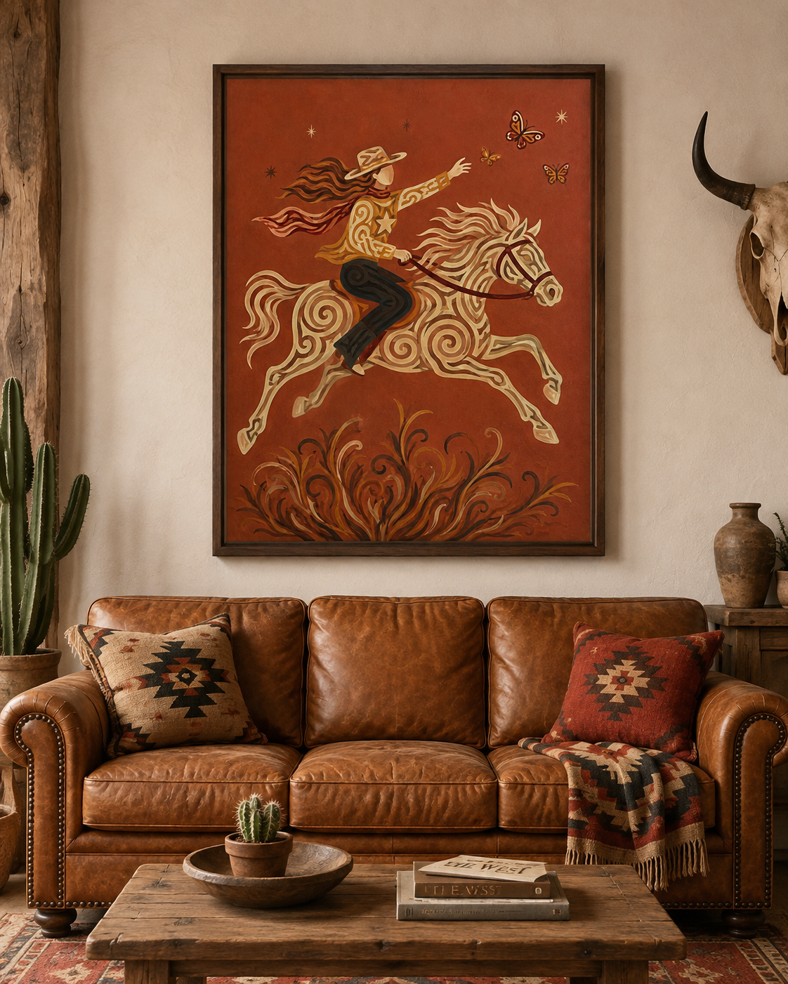 Cowgirl Riding Horse Canvas Painting Hand-Painted Western Art With Butterflies