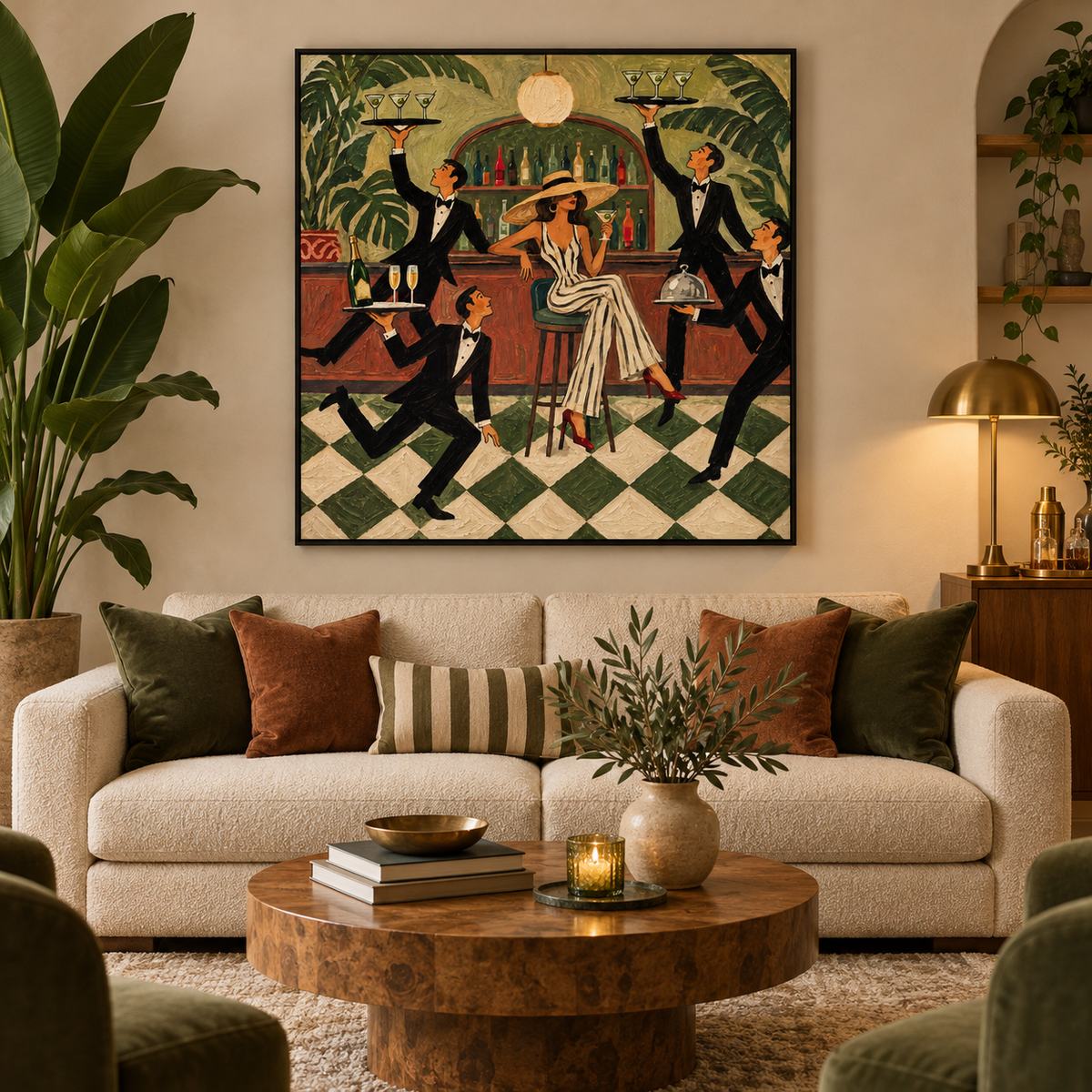 Vintage Cocktail Lounge Art With Lady And Waiters In Green Bar Scene Canvas Painting