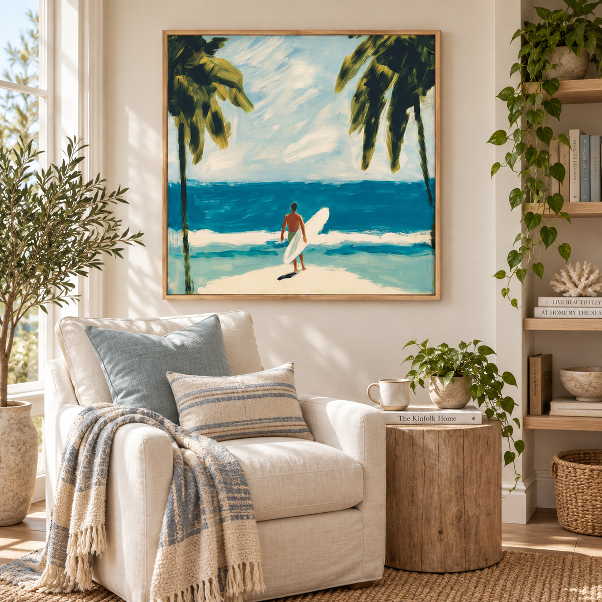 Surfer And Palm Trees Beach Canvas Painting Blue Ocean Wall Art