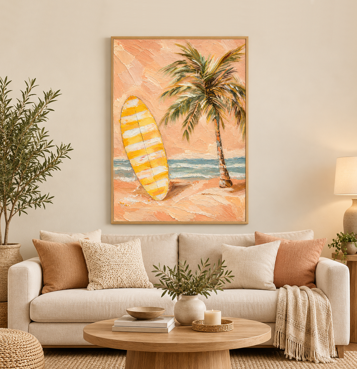 Tropical Surfboard Wall Art, Peach Beach Oil Painting, Palm Tree Textured Canvas