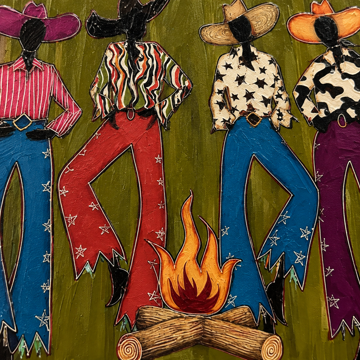 Colorful Cowgirl Painting, Retro Southwest Decor, Olive Green Handmade Artwork