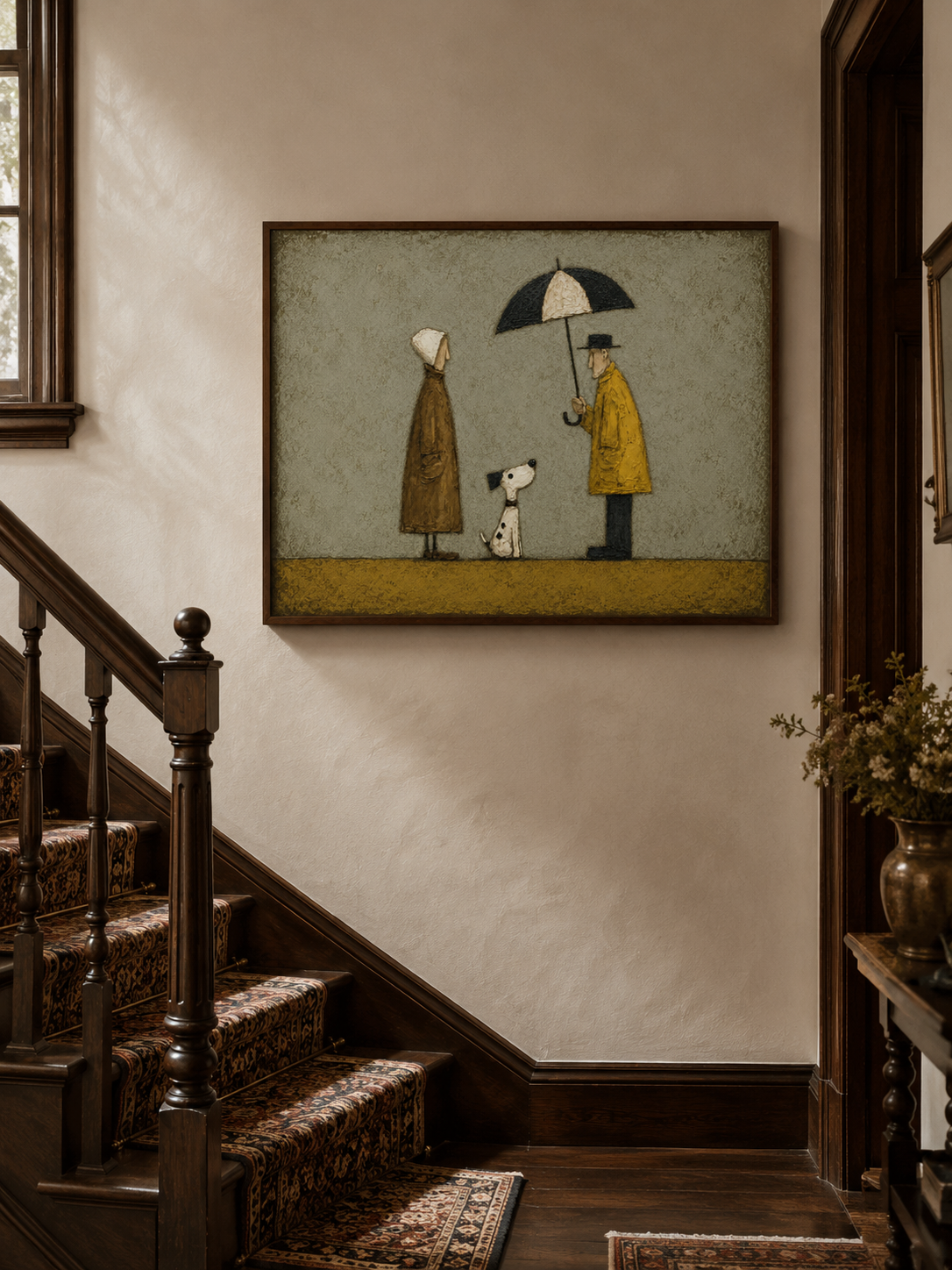 Vintage Couple With Dog Painting Under Umbrella Retro Wall Art For Pet Lovers