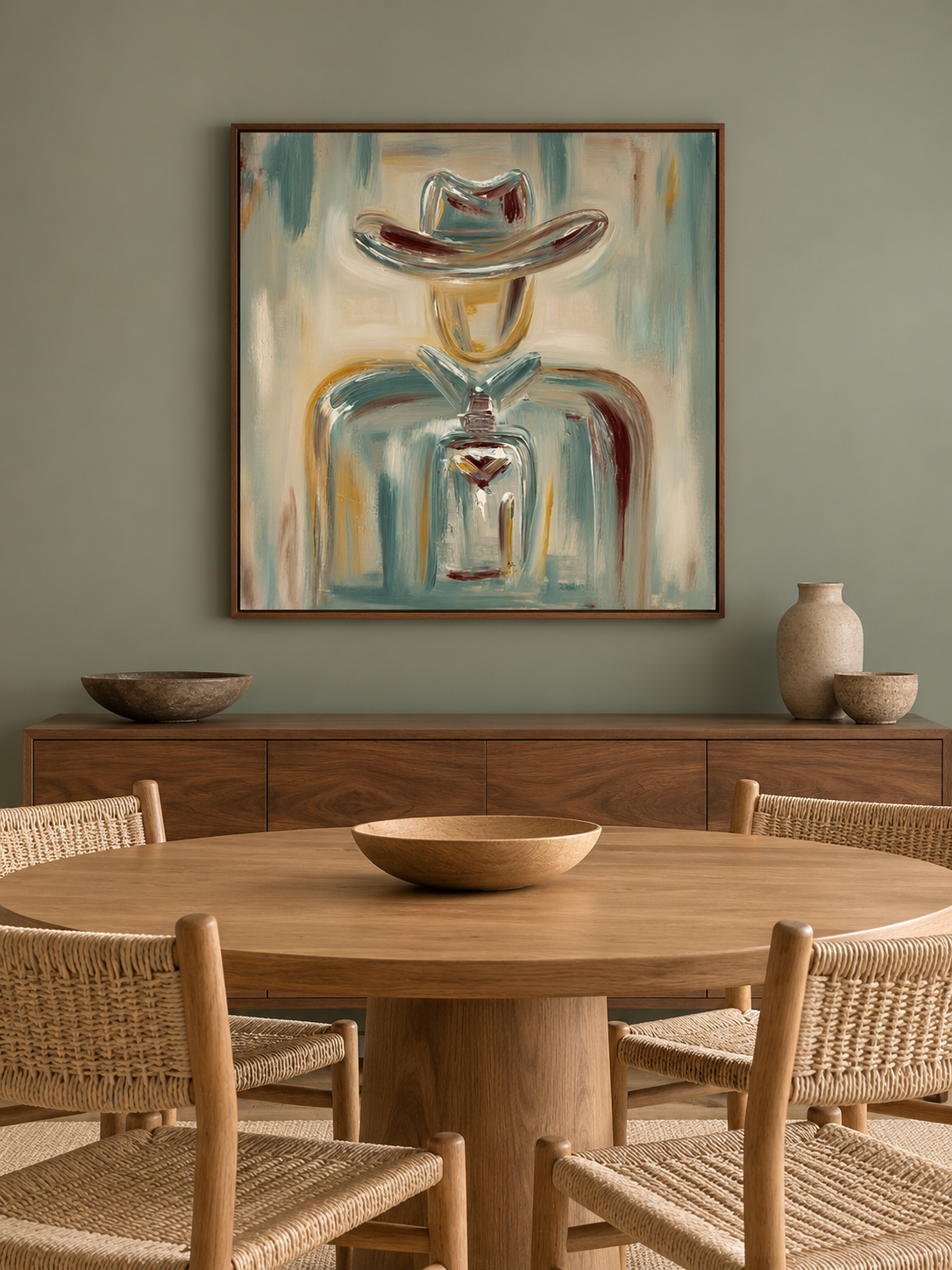 Abstract Cowboy Canvas Art, Terracotta Western Wall Decor,Neutral Rustic Artwork