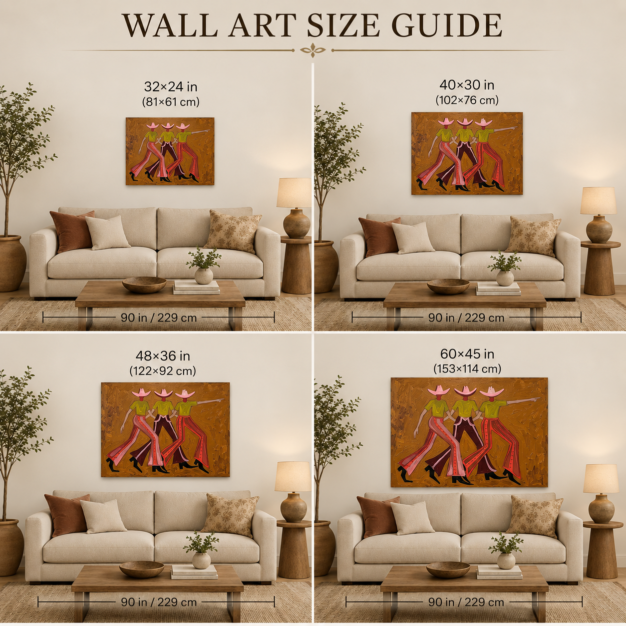Vintage Cowgirl Painting With Pink Hats And Green Shirts On Canvas