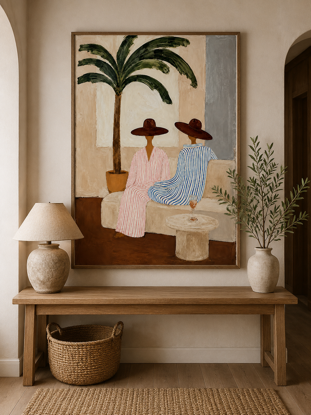 Bohemian Coastal Art With Palm Tree And Striped Figures For Living Room Decor