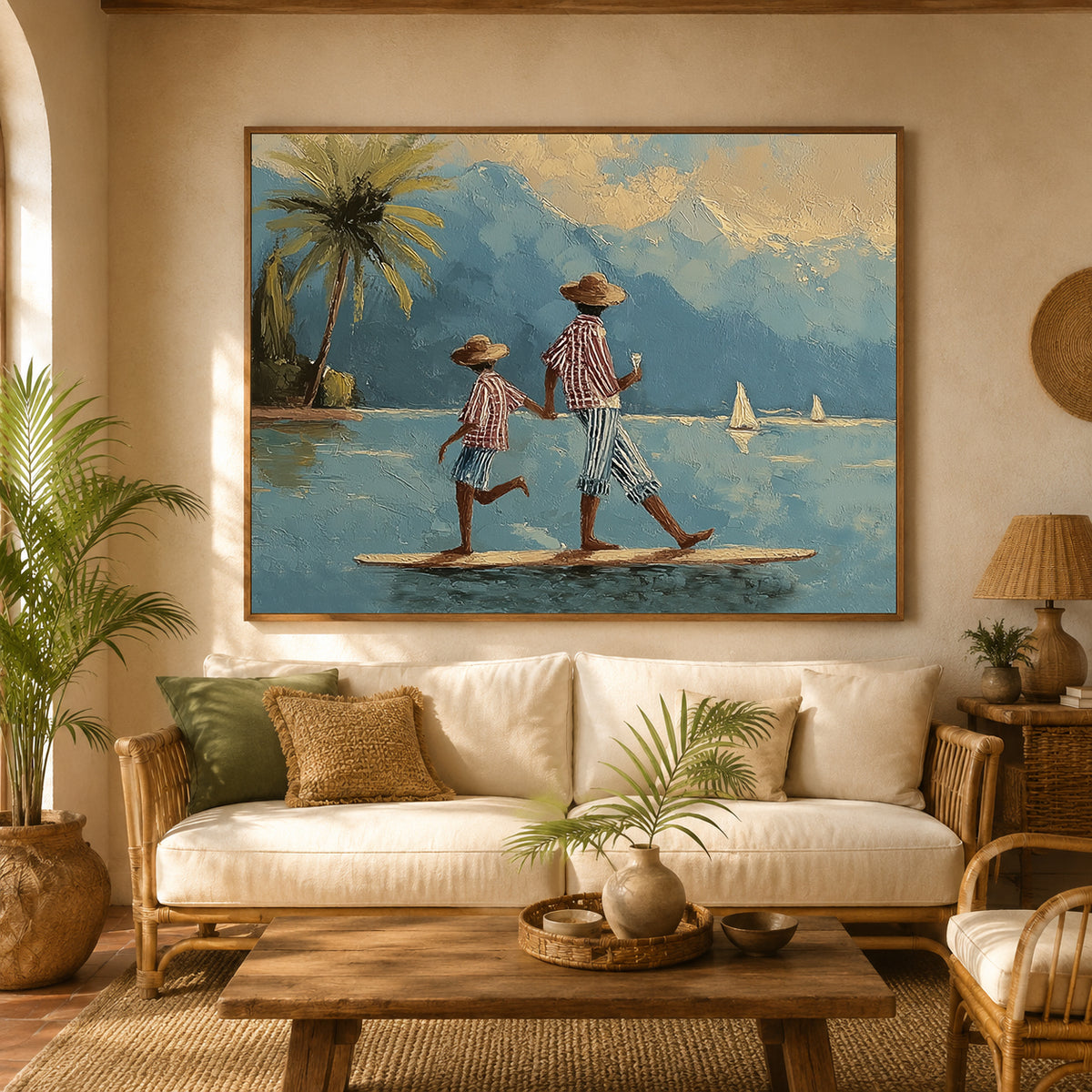 Whimsical Paddleboard Canvas Art, Mediterranean Water Walking Wall Decor, Retro Coastal Nautical Painting