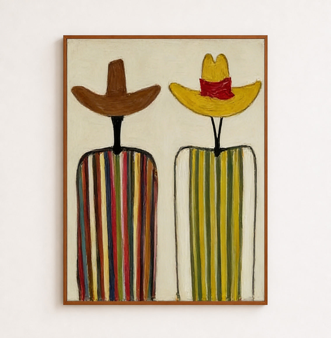 Abstract Figurative Oil Painting With Rustic Hats And Vibrant Colors For Hallway
