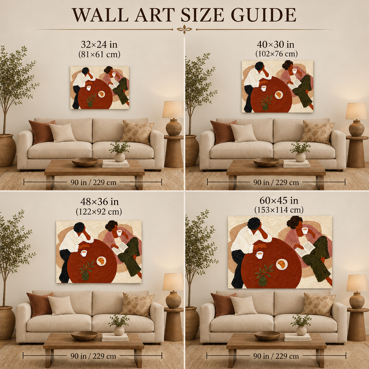 Vintage Couple Coffee Scene Hand-Painted Canvas Wall Art In Earth Tones