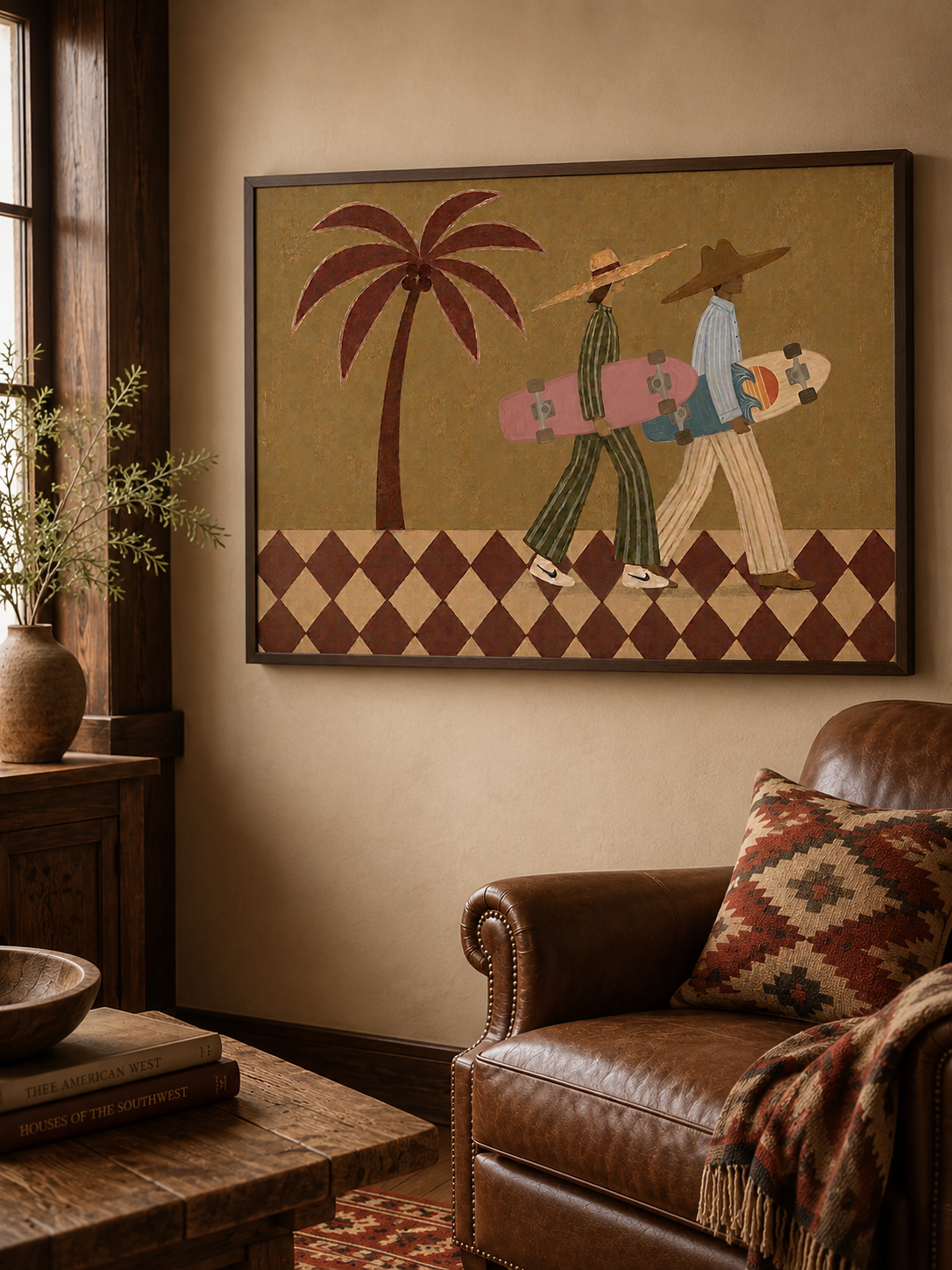 Vintage Skateboard Art With Palm Tree In Warm Brown Tones For Modern Home Decor