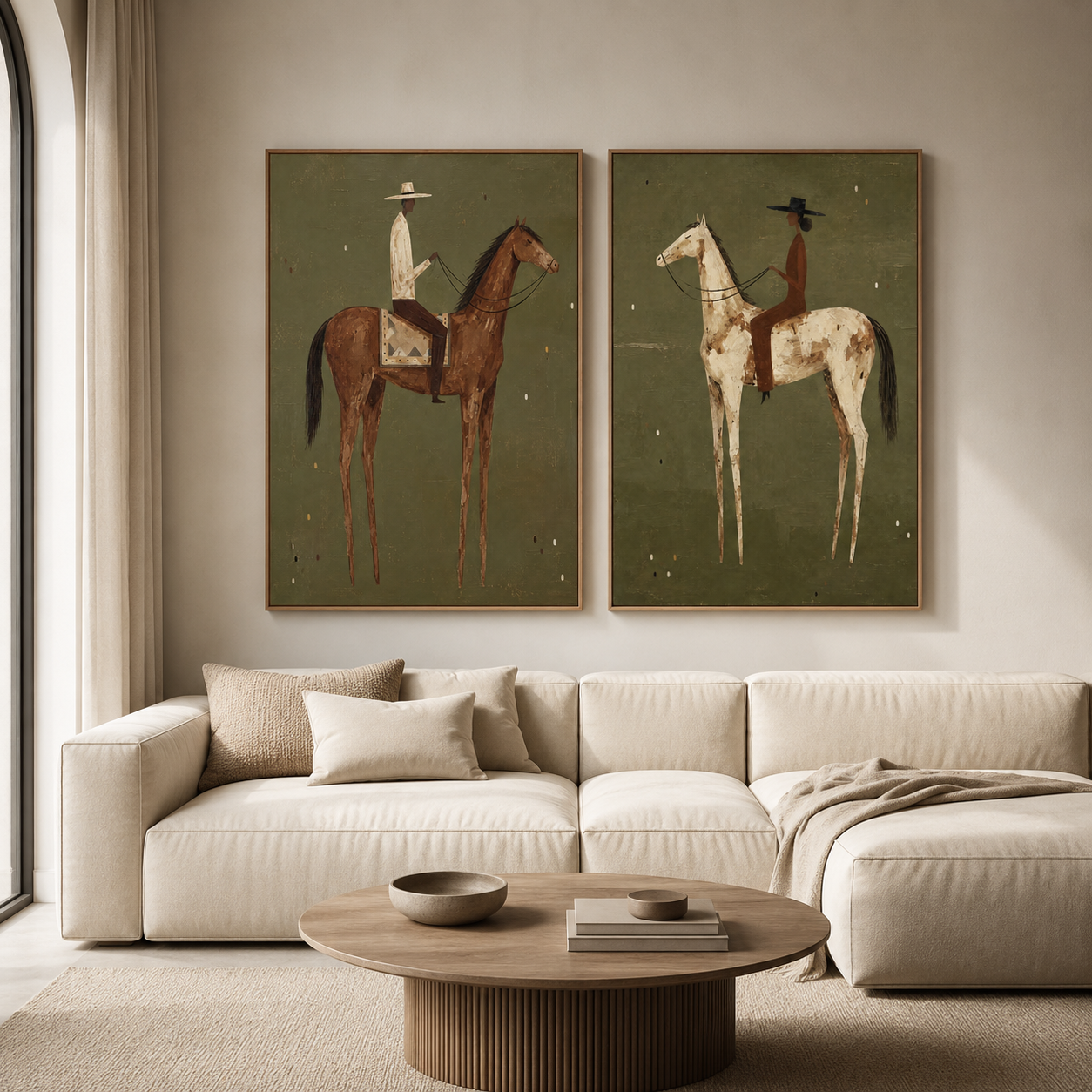 Vintage Equestrian Horse Painting Set With Riders In Earthy Tones For Classic Home Decor