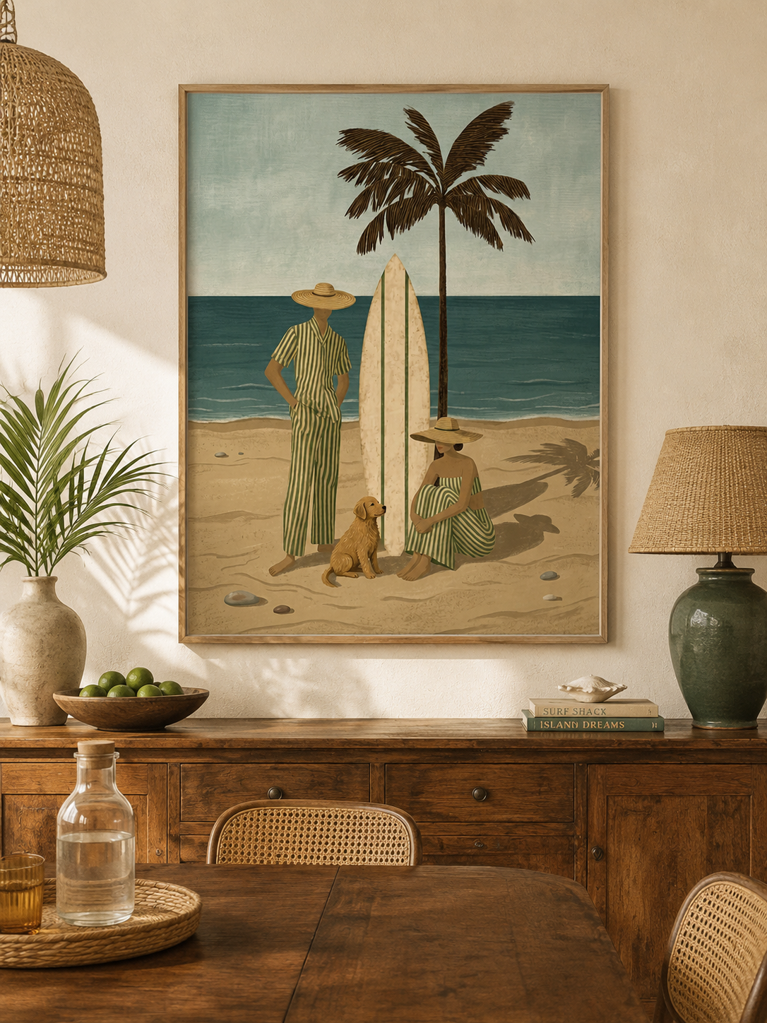 Vintage Surfboard Dog Painting For Coastal Living Room Retro Beach Wall Art
