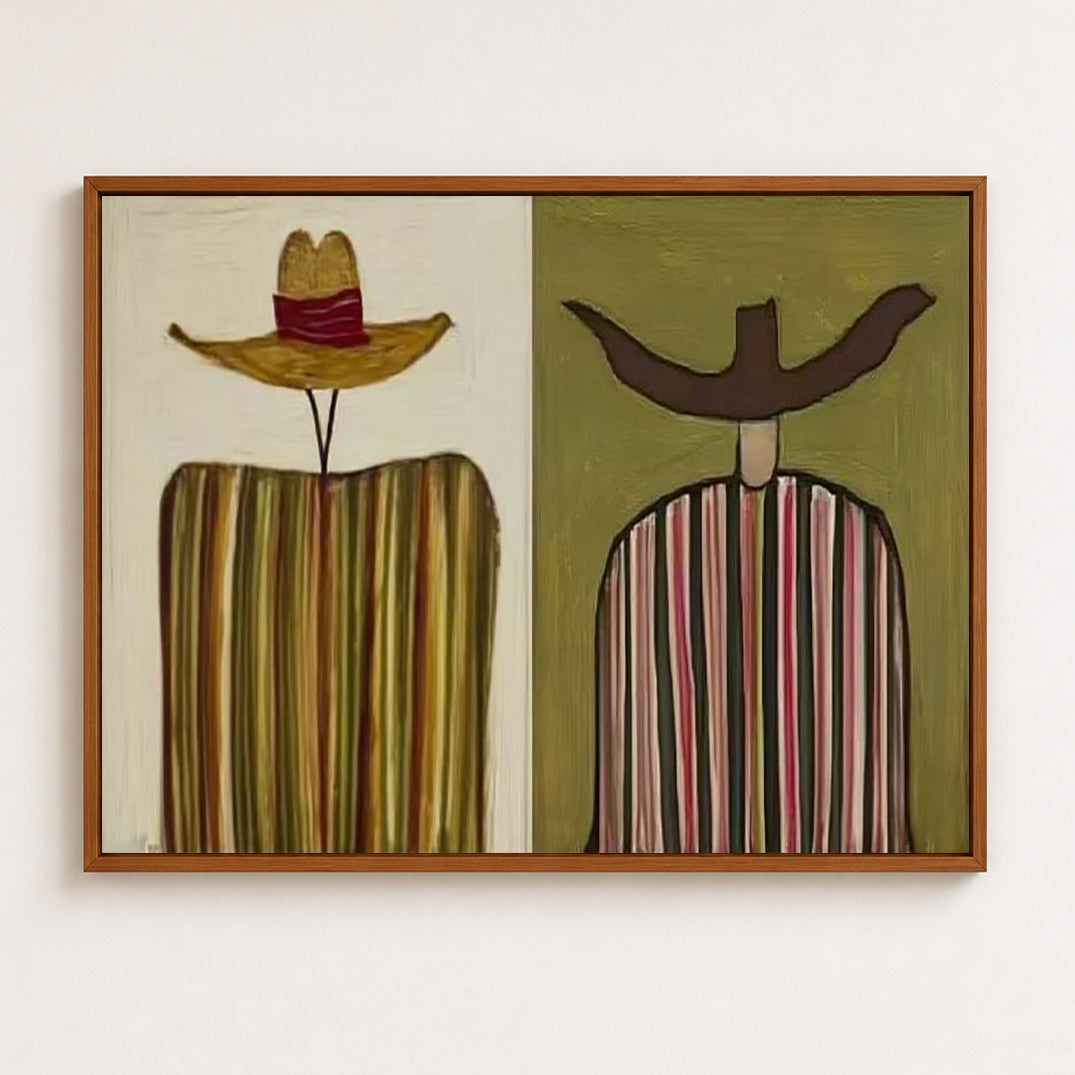 Rustic Figurative Art With Striped Men In Green And Brown For Living Room Decor