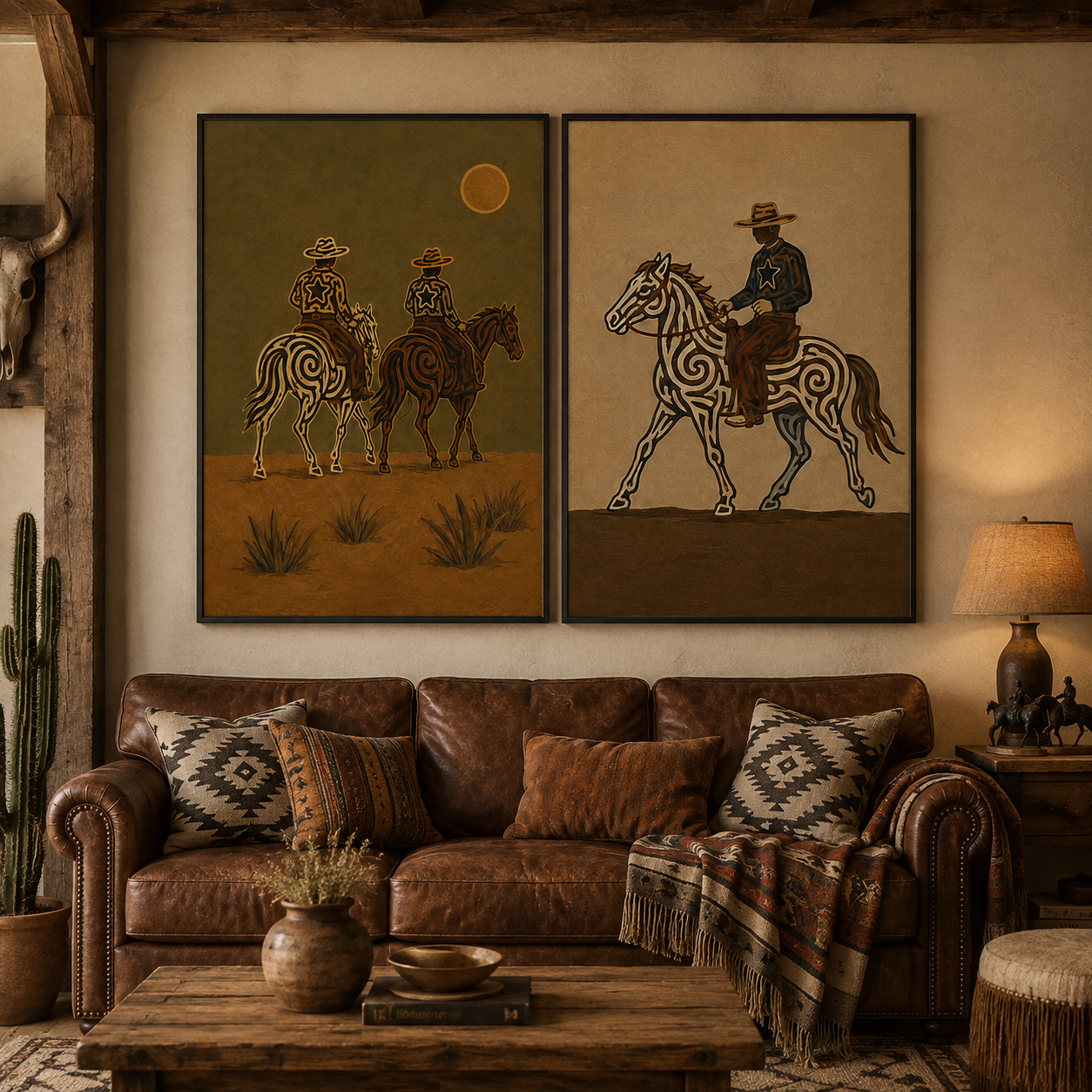 Vintage Sunset Desert Western Wall Art Set Of 2, Cowboy Riding Canvas Painting, Earth Tone Rustic Home Decor